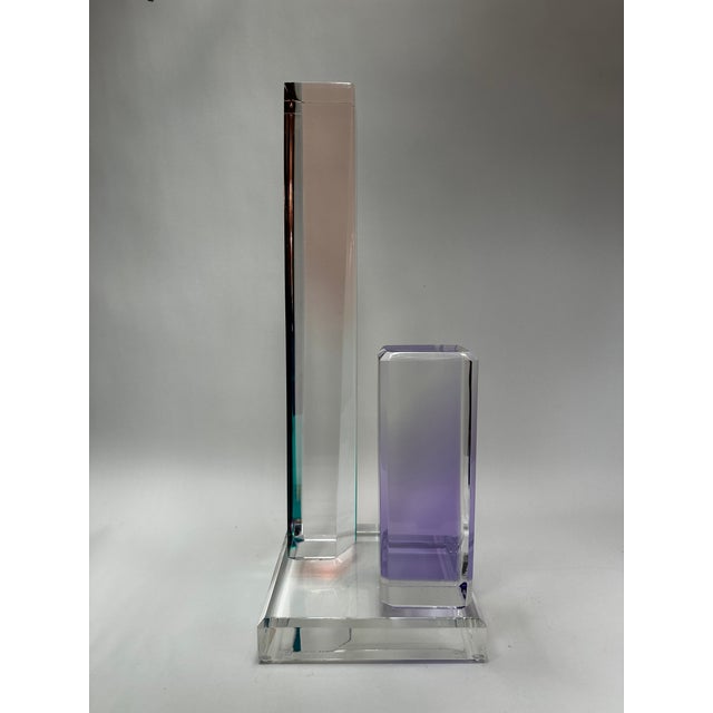 Lucite tower sculpture by Shlomi Haziza - Signed. Encompassing hues of green, purple and blush, in contrasting height towers.