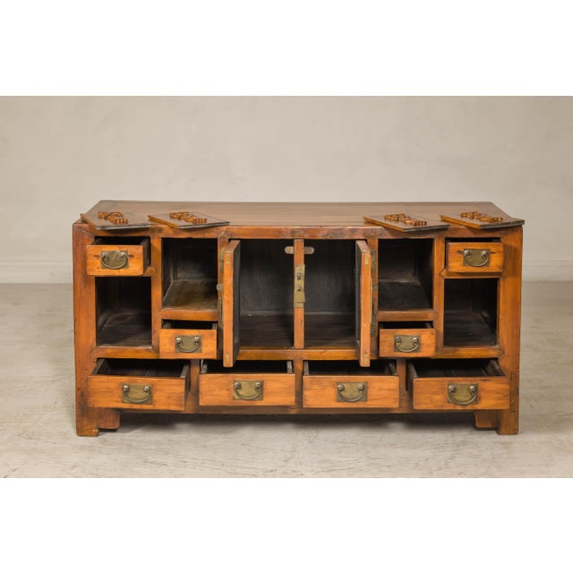 Brown Late Qing Dynasty Elm Sideboard with Carved Floral Vases, Doors and Drawers For Sale - Image 8 of 12