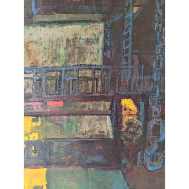 Mid-Century Modern Mid Century Modern Brutalist Construction Scaffolding Architectural Building Oil Painting Framed For Sale - Image 3 of 12