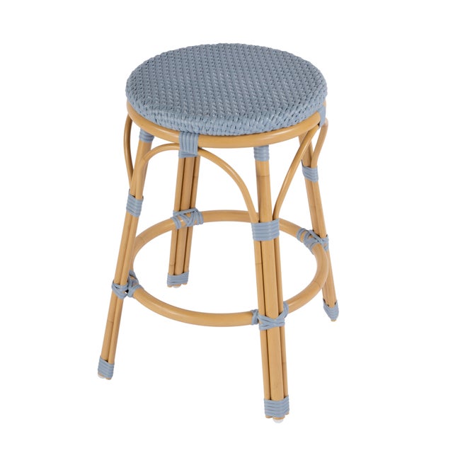 Blue Tobias 24.5 in. Seat Height Outdoor Rattan and Metal Backless Counter Stool, Baby Blue/ Natural Rattan Frame For Sale - Image 8 of 8