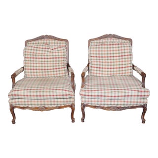 Pair Louis XV Style Carved Wood Armchairs With Plaid Upholstery For Sale