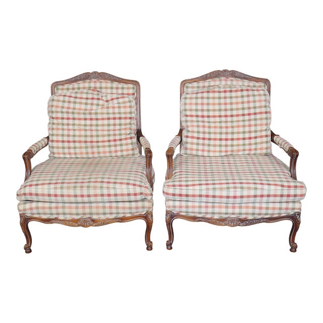 Pair Louis XV Style Carved Wood Armchairs With Plaid Upholstery For Sale
