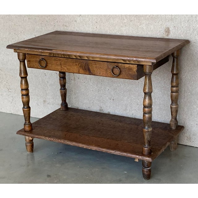 Spanish Spanish Country Pine Side Table With Drawer and Low Shelve For Sale - Image 3 of 13