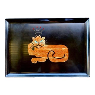 "King Cat" Serving Tray | Mid-Century Modern Wood Inlay With Ruby Red Rhinestone Crown | California, C. 1960s, Vintage Couroc of Monterey For Sale