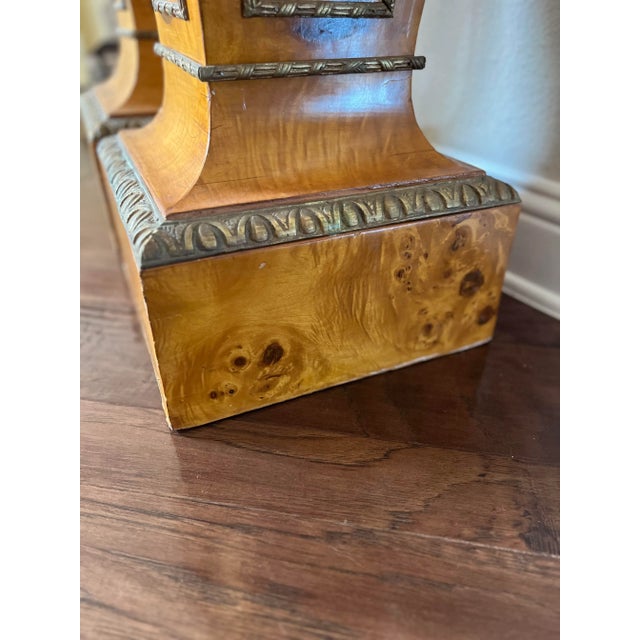 French Regency Style Pair of Burlwood Veneer Pedestal With Marble Top and Lion Head Brass Detail For Sale - Image 9 of 13
