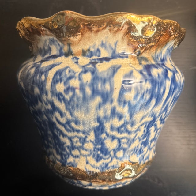 Antique Blue Brown American Art Pottery Spongeware Jardiniere Copper Luster 1900 For Sale - Image 4 of 7