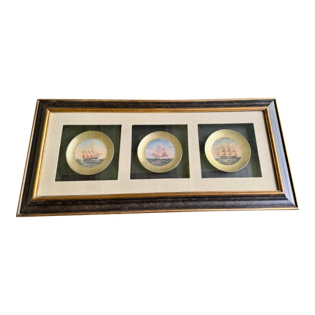 1990s Collector Plates of Clipper Ships in Heavy Frame With Glass, Each in a Shadowbox For Sale