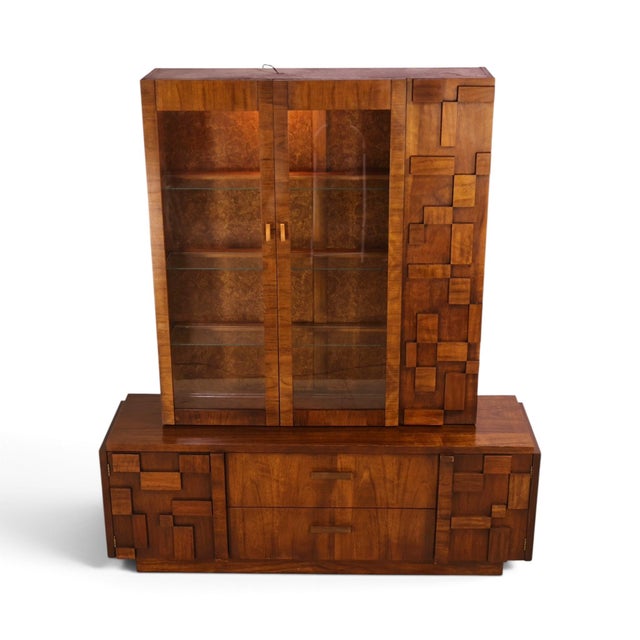 Lane  brutalist Lane Staccato Vintage Two Piece Mid Century Modern China Cabinet Buffet and Hutch C. 1970s For Sale - Image 4 of 15