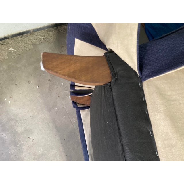 Navy Blue Custom Made Vintage Upholstered Lounge Chair and Ottoman Set Upholstered in Navy Linen For Sale - Image 8 of 9