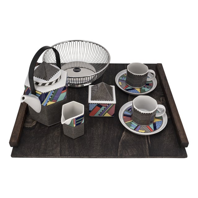 Tea Set with Wooden Tray by Rosenthal & Alessi, 1990, Set of 11 For Sale