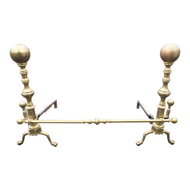 Vintage Solid Brass Andirons With Eagle Claw Feet and Roll Bar, Circa 1920s For Sale