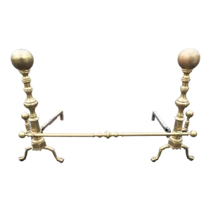 Vintage Solid Brass Andirons With Eagle Claw Feet and Roll Bar, Circa 1920s