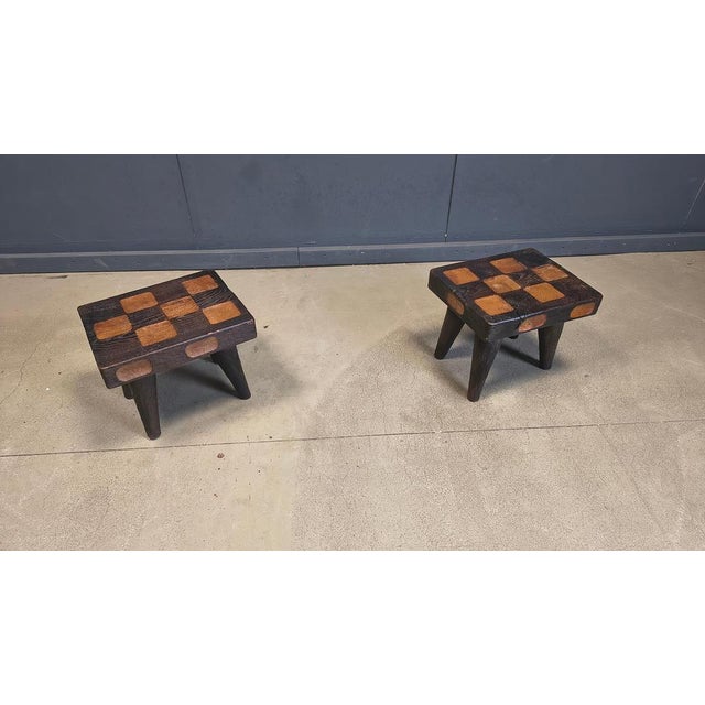 Vintage two tone oak stools made in Poland. these cool stools can also be used as side tables. Hand made rustic design...