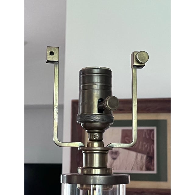 Brass 1990s Pair of Ralph Lauren Home Adjustable Tubular Glass & Brass Table Lamps With Original Shades For Sale - Image 8 of 13
