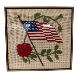 Mid 20th Century Crocheted American Flag Art in Red White and Blue Wood Frame