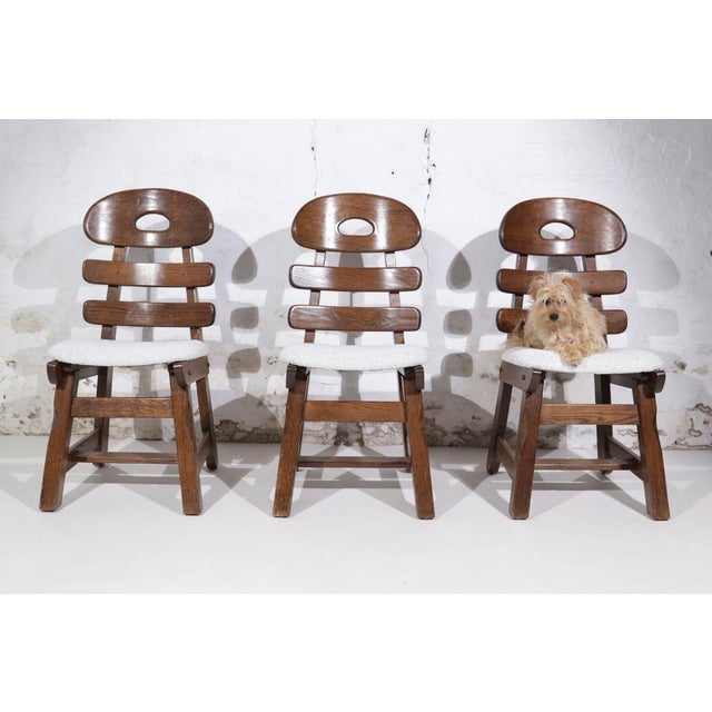 Spanish Brutalist Fishbone Chairs in Oak and Bouclé, 1960s, Set of 4 For Sale - Image 13 of 18