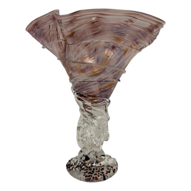 Vintage Hand Blown Studio Art Glass 9.25” Tall Vase Compote Pedestal Bowl. For Sale