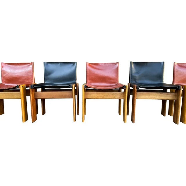 Black Black and Brick Leather and Walnut Monk Dining Chairs by Afra and Tobia Scarpa for Molteni, 1973, Set of 8 For Sale - Image 8 of 11