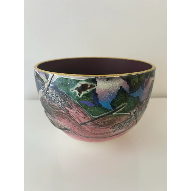 Stupendous ceramic art vessel by Patrick Dragon (c1980-90's) Deep purple interior with rim gilded of gold. Three...