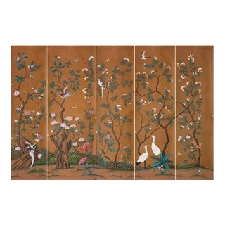 Hand-Painted Chinoiserie Wallpaper Mural, Chinese Cranes & Birds Floral Design, 5 Panels For Sale
