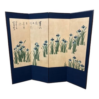 Silk Dupion Folding Screen With Hand Painted Irises For Sale