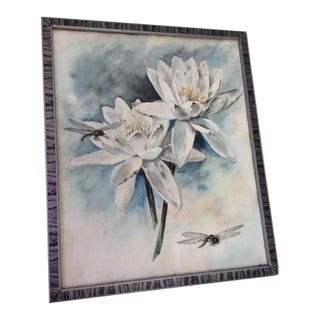 Early 20th Century Original Watercolor Painting, Lily Flowers, Dragonflies, Signed w.a.s. For Sale