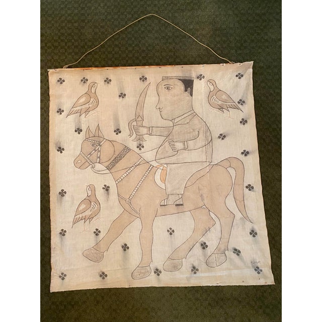 Vintage Indian Hand-Painted Cotton Wall Hanging With Horseman Motif, 44” For Sale - Image 4 of 10