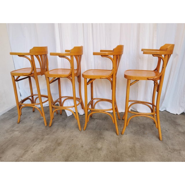 Vintage Bentwood High Pub Stools with Armrests, 1970s, Set of 4 For Sale - Image 11 of 18
