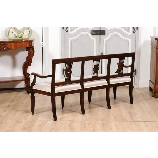 Italian 19th Century Walnut Three-Seater Bench with Carved Splats and Upholstery For Sale - Image 10 of 11