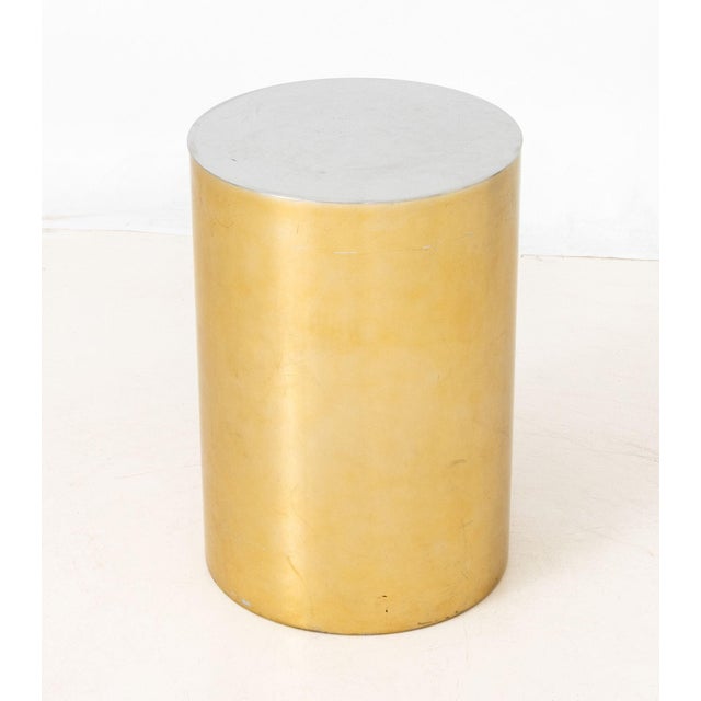 Modern Minimalist Chrome and Gold-Tone Cylindrical Side Table. 20.75" H x 14.25" Diameter. Provenance: From a New York...