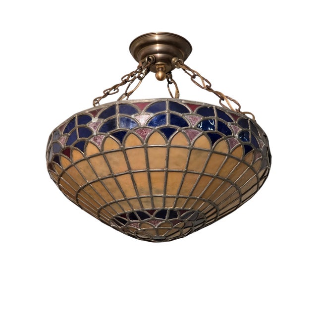 Vintage Colorful French Stained Glass Bowl/ Pendant Light Fixture For Sale - Image 16 of 18