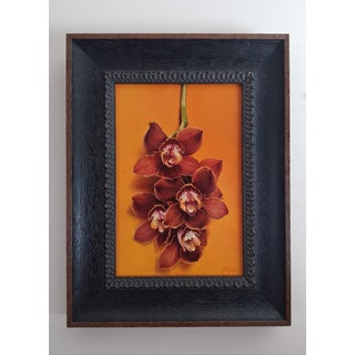 Cymbidium Orchids by Narelle Zeller | Oil on Aluminum Composite Panel Red orchids on orange background For Sale