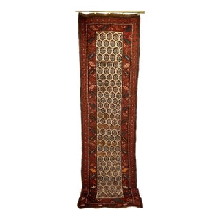 19th Century Persian Bidjar Runner, Hand-Knotted Wool, All-Over Paisley Pattern, Ivory & Rust Red, 3x13 For Sale