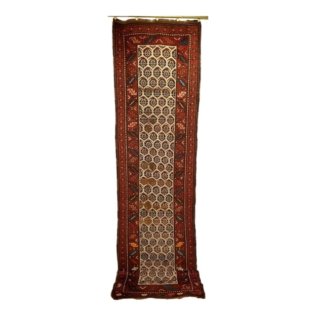 19th Century Persian Bidjar Runner, Hand-Knotted Wool, All-Over Paisley Pattern, Ivory & Rust Red, 3x13 For Sale