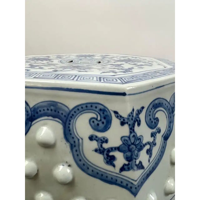 Chinese Qianlong Style Porcelain Octagonal Garden Blue & White Stool, a Pair For Sale - Image 11 of 14