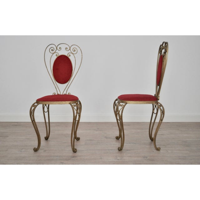 Set of Patinated Brass, Wrought Iron, and Velvet Side Chairs, 1970s For Sale - Image 4 of 7