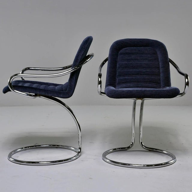 1970s Navy Chenille Scoop Arm Chairs With Chrome Frames - Pair For Sale - Image 5 of 11