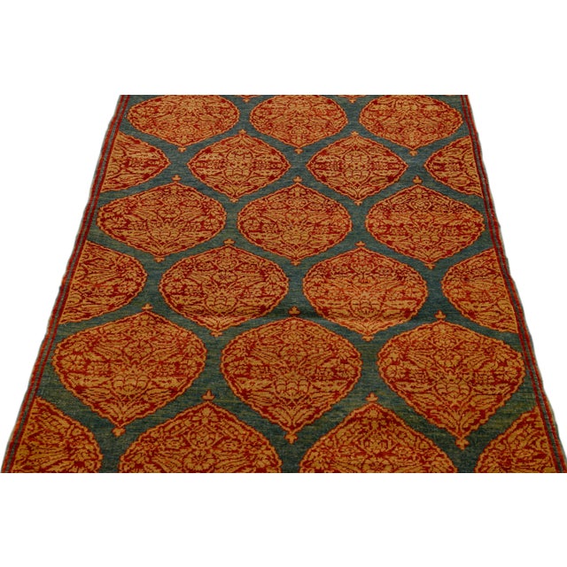 Modern Blue Transitional Sari Silk Handmade Rusted Floral Pattern Designed Runner For Sale - Image 3 of 10