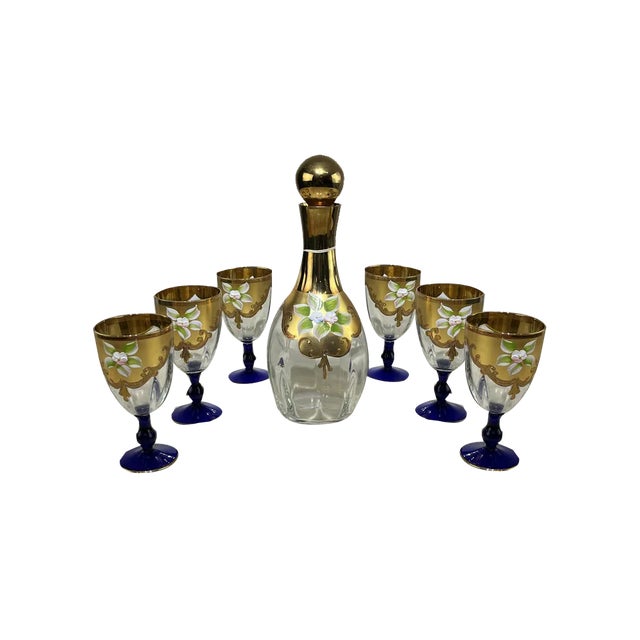 Bottle and Glasses in Hand-Painted Murano Glass & 24kt Gold, Italy, 1970s, Set of 7 For Sale