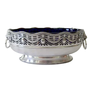 C.1920's English Sheffield "Georgian-Style" Large Silver Plate Oval-Shaped Lion Crested & Cobalt Blue Glass Insert Liner Serving Dish