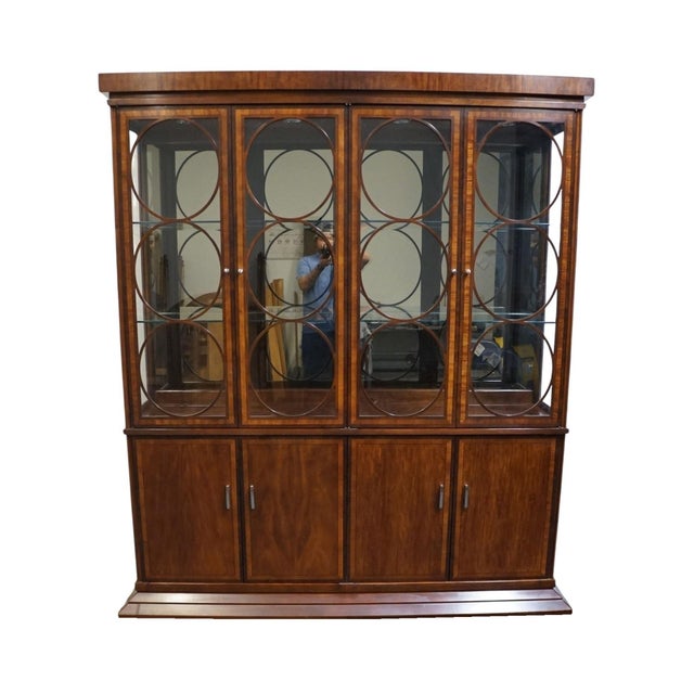 Contemporary Hickory White Banded Mahogany Contemporary Modern Asian Inspired 79" Lighted Display China Cabinet For Sale - Image 3 of 15