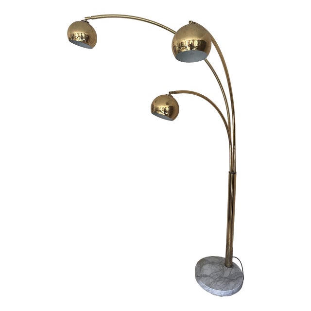 Vintage Three-Arm Arc Floor Lamp in Brass with Marble Base, 1970s For Sale