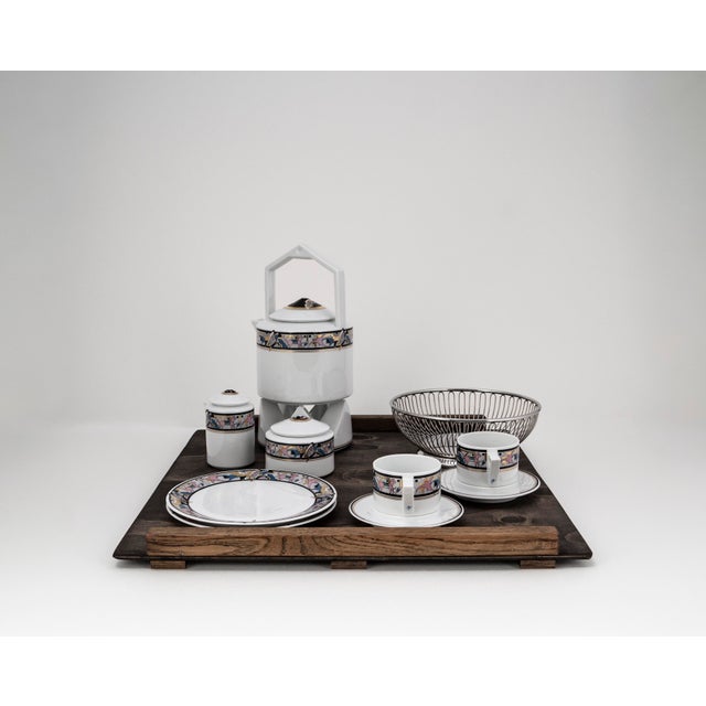 Bauhaus Art Deco Cantana Najade Tête-À-Tête for Two on Wooden Tray from Fürstenberg and Alessi, 1980s, Set of 14 For Sale - Image 3 of 17