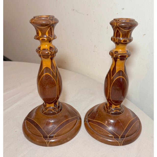 Art Deco Pair of Antique Hand Turned Wood Marquetry Parquetry Candlesticks Candle Holders For Sale - Image 3 of 13