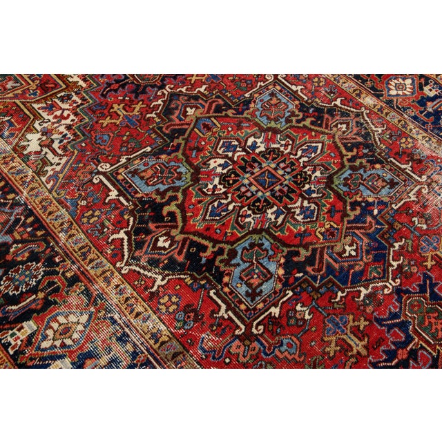 Antique Persian Heriz Red Handmade Medallion Motif Wool Rug For Sale - Image 10 of 11