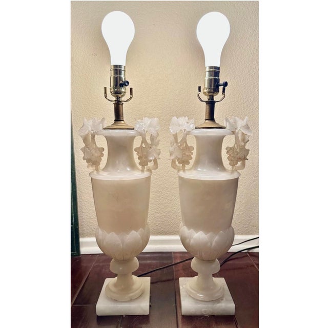 1920s Large Pair of Hand-Carved French Alabaster Neoclassical Urn Table Lamps For Sale - Image 12 of 18