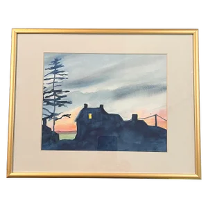 Original Contemporary Moody Watercolor Painting "Mohegan Sunset" in a Gold Metal Frame With Mat