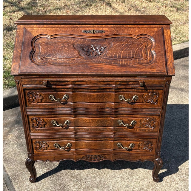 Lovely French pillow front Secretary with three drawers, dovetailed construction, carved front nd fitted inside. Great size!