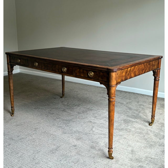 English Late 20th Century Theodore Alexander “Man of Letters” Flame Mahogany Leather Partners Desk For Sale - Image 3 of 12