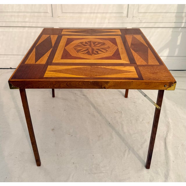 Brown Vintage Handcrafted Folding Game Table With Marquetry Compass Star Top For Sale - Image 8 of 12
